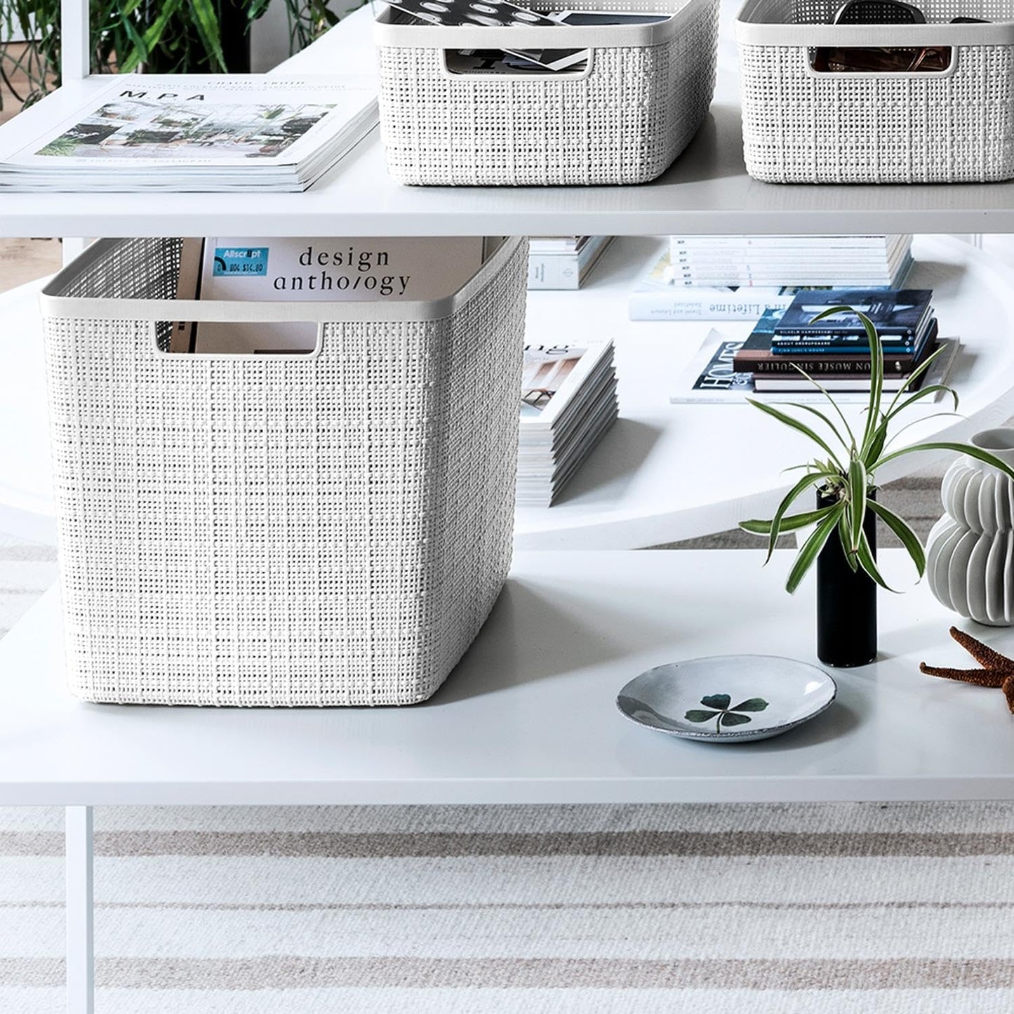 Curver Set of 4 Large Cube 17L Jute Decorative Plastic Organization and Storage Baskets - Perfect