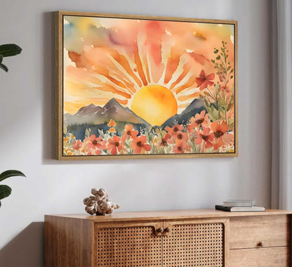 Framed Boho Sun Canvas Wall art Mid-Century Modern Abstract Bohemian Sunset in The Mountains Watercolor Wildflowers Sunrise Landscape Picture Wall Decor Poster Print Artwork for Living Room