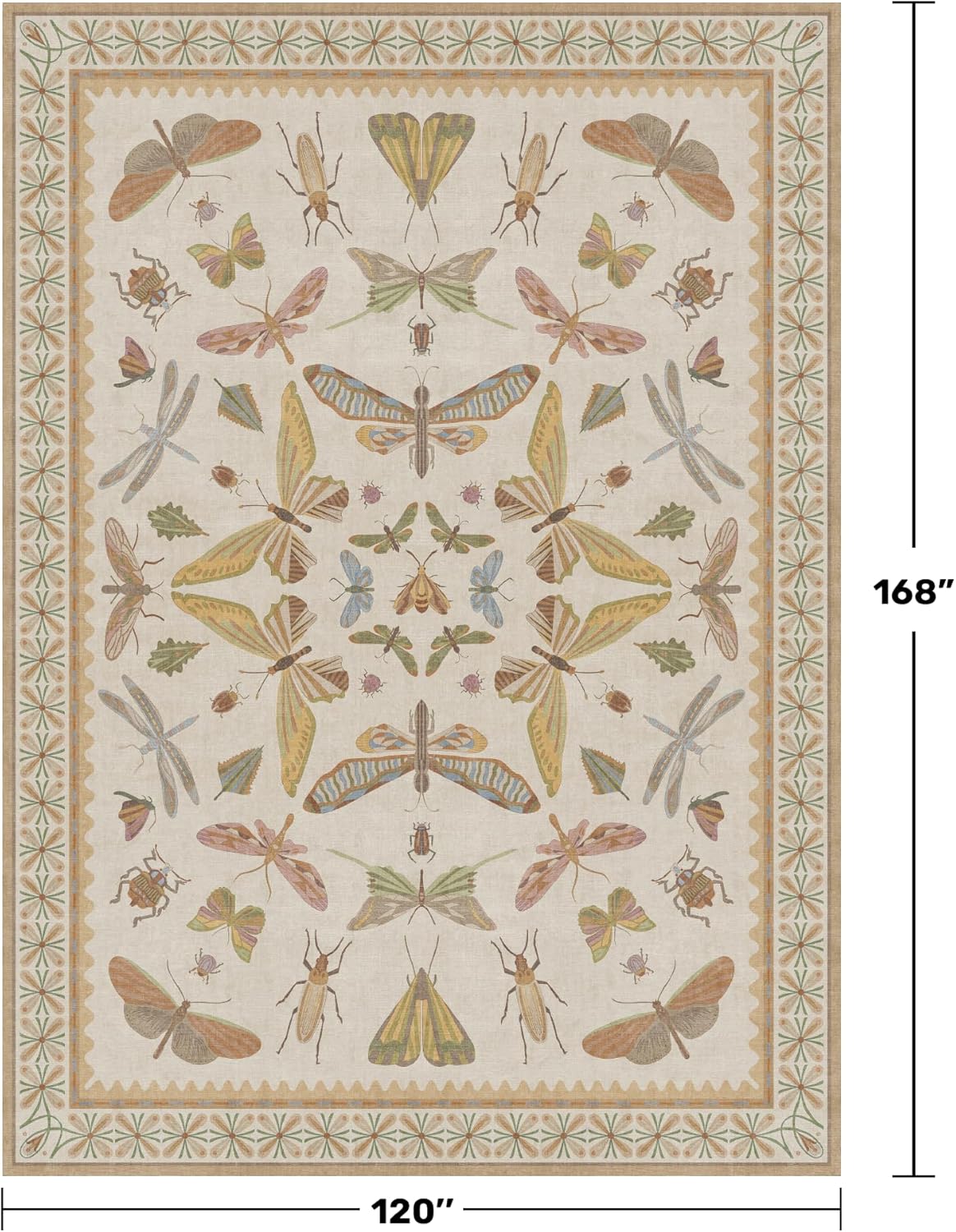 Large Western Rugs for Living Room - 10x14 Insect Area Rug for Dining Room Under Kitchen Table, Washable Low Pile Soft Boho Butterfly Decor