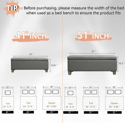 51 Inch Faux Leather Ottoman with Storage, End of Bed Bench with Large Storage, Rectangular Extra Long Bench for Bedroom and Living Room, Light Grey