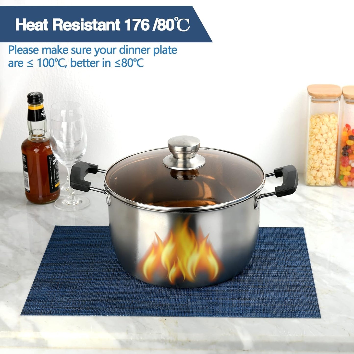 Navy Blue Placemats Set of 4 - Easy Clean Washable Vinyl Placemats - Wipeable Heat Resistant Table Mats for Dining Table - 17x12 Inch (Navy Blue, 4)