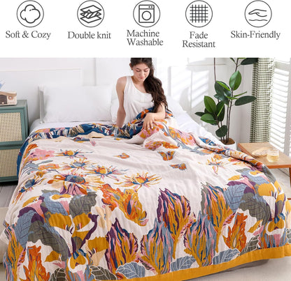 Snycler Boho Throw Blanket for Bed - 100% Cotton Ultra Soft Rustic Quilt - Watercolour Floral Printed Farmhouse Decor Bed Fall Blankets,80"×90" All Season Rustic Throw for Sofa Couch Chair