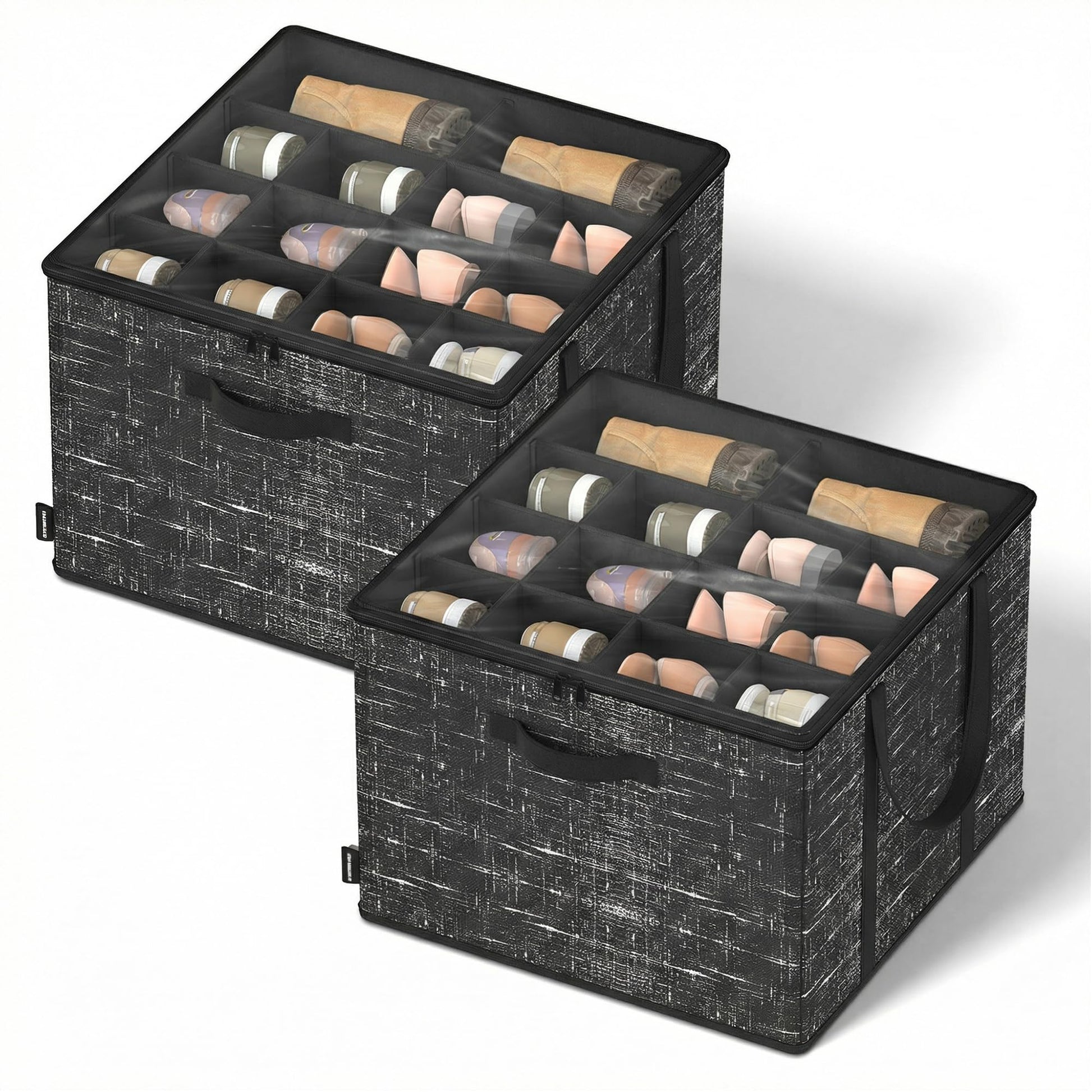 SONGMICS Shoe Organizer for Closet, Set of 2, Shoe Storage Box with Clear Lid, Foldable Fabric