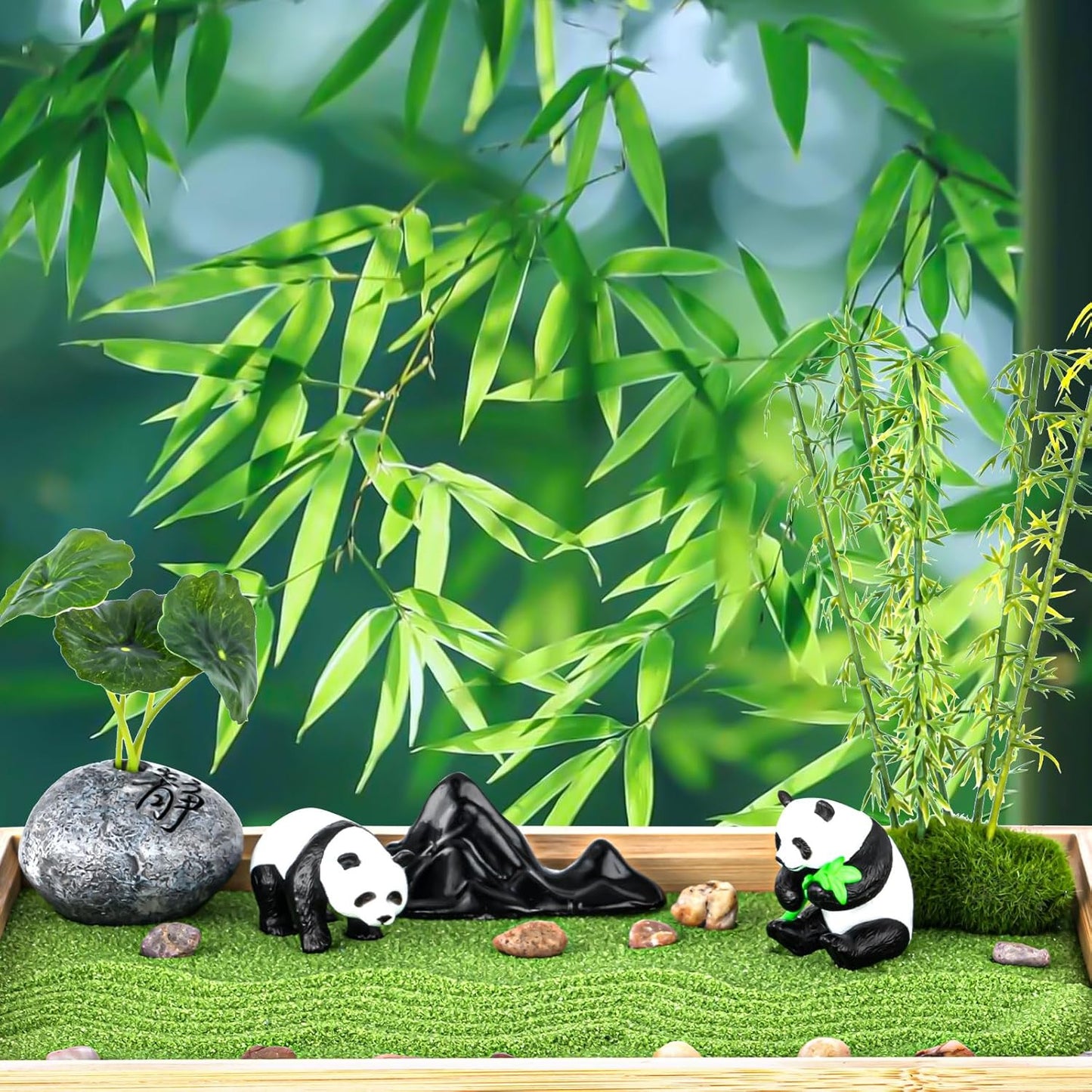 Zen Garden Kit for Desk 11''x7.5'' Room Decor with Green Sand, Panda Decorative Ornaments, Haystack, Ceramic Mountain, Stones and Rakes (Panda Bamboo)