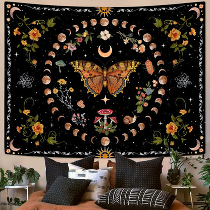 Aipon Orange Butterfly Moon Flower Tapestry Botanical Floral Plant Boho Tapestry for Bedroom Aesthetic Vintage Tapestries Wall Hanging for Living Room Dorm (68.00'' × 90.00'', Orange)