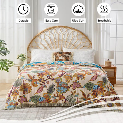 Boho Throw Blanket for Bed, Lightweight Reversible Summer Quilt, Cotton Blanket, Queen Size Boho Floral Bird Colorful Retro Quilt Ultra Soft Reversible Gauze Blanket for All Season, 80"x90"