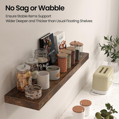 Floating Shelves for Wall, 31.5"W x 6.7"D x 1.5"H, Wooden Wall Mounted Display Shelf with Invisible Brackets for Living Room, Bedroom, Bathroom, Kitchen Decor & Storage, Set of 2, Rustic Brown