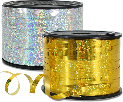 BEISHIDA 2 Pack 100 Yards Gold Silver Glitter Ribbon Balloon String Shiny Metallic for Gift Wrapping Birthday Party Festival Art Craft Decor Florist Flowers Decoration