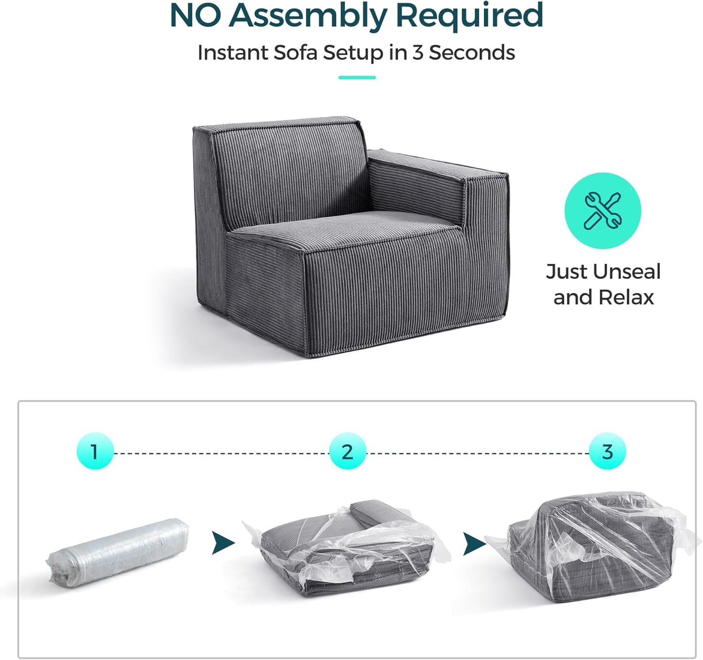 LINSY HOME Modular Sectional Sofa, 105" Boneless Couch U Shaped 3-Seat Sofa with 2 Movable Ottomans, Corduroy Sectional Cloud Couches for Living Room, No Assembly Required, Bluish Grey
