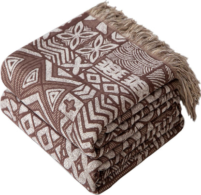 Boho Throw Blanket Twin Size, Soft Cozy Cotton Muslin Quilt Blanket for Bed Decor, Patchwork Block Couch Sofa Chair Cover, Vintage Farmhouse Cottage Tapestry Woven Blanket, Brown&White