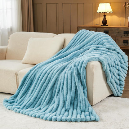 NEWCOSPLAY Faux Fur Throw Blanket Blue 3D Ribbed Plush Thick Warm Blanket for Couch Sofa Bed 850GSM (Blue Ribbed, Throw(50"x60"))