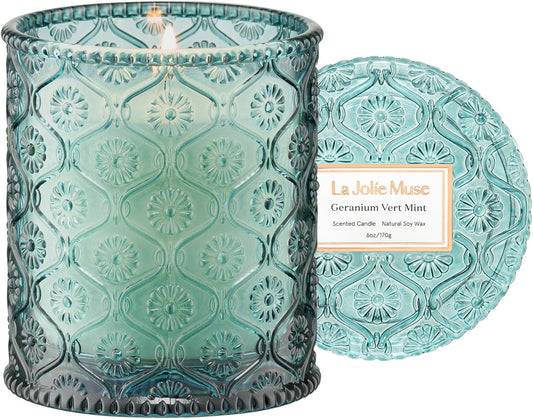 LA JOLIE MUSE Geranium Vert Mint Candle - Mint, Geranium, Lavender | 6 oz Natural Soy Wax | 40