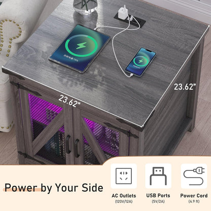 Farmhouse End Table, 24" Large Sofa Side Table with Charging Station, Mesh Barn Door, and Adjustable Storage Shelf, Rustic Wood Square Nightstand for Living Room, Bedroom, Office, Grey