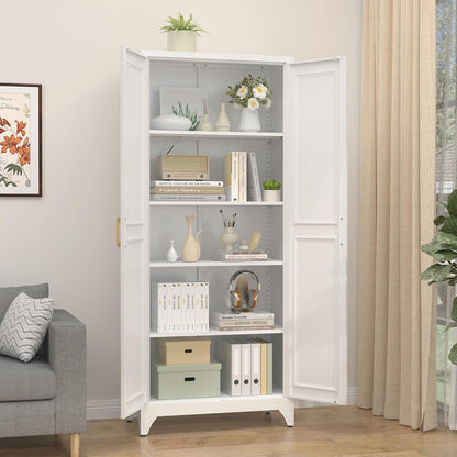 Kitchen Pantry Cabinet,75”White Metal Storage Cabinets with Doors and 4 Adjustable Shelves,Kitchen Cabinet with 2 Gold Handles,Tall Cabinet for Livingroom,Pantry, Bathroom