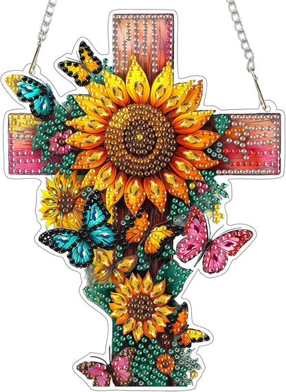 EOBROMD Diamond Hanging Art Kits for Adults, Cross Butterfly Suncatcher Diamond Art Painting, DIY Special Shaped Rhinestone Kits for Adults, Window Pendants Home Garden Wall Hanging Ornament