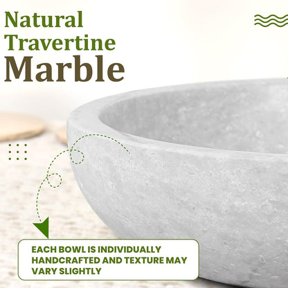 Travertine Decorative Bowl - 7.8” Diameter & 2” Height - Key Bowl for Entryway Table - Organic Modern Centerpiece - White/Gray