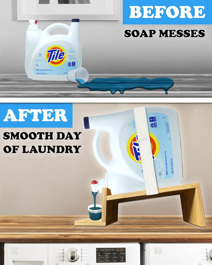 TidyFriend Laundry Detergent Dispenser with Tray & Strap, Laundry Soap Dispenser with Non-Slip Rubber Feet for Washing Room Organization, Easy Pour (Wood)
