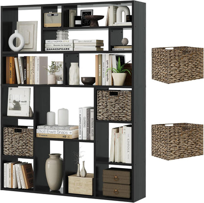 71” Tall Open Black Bookcase with Baskets, Free-Standing 6-Tier Wooden Display Storage Bookshelves with 16 Irregular Cubes for Living Room, Home Decor