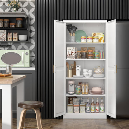 Kitchen Pantry Cabinet,71”White Metal Pantry Storage Cabinet with Doors and 4 Adjustable Shelves,Kitchen Cabinet with 2 Gold Handles,Tall Cabinet for Livingroom,Pantry, Bathroom,Kitchen