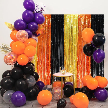 3 Pack 3.3 x 8.2 ft Black Gold Orange Foil Fringe Backdrop Curtains, Tinsel Streamers Party Decorations, Fringe Backdrop, Door Shimmer for Construction or Birthday Party