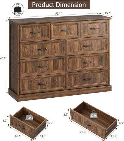 Farmhouse 9 Drawer Dresser for Bedroom, 55 Inch Wide Modern Walnut Dresser TV Stand with Large Drawers & Bar Handles, Rustic Wood Chest of Drawers for Bedroom, Living Room, Hallway, Entryway.