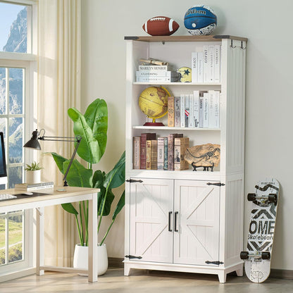 5 Tier Bookshelf 70in Tall Bookcase with Barn Doors and Storage Cabinet, White Farmhouse Book Shelf with Adjustable Shelves, Wood Freestanding Display Bookshelves for Bedroom, Kitchen (2PCS)