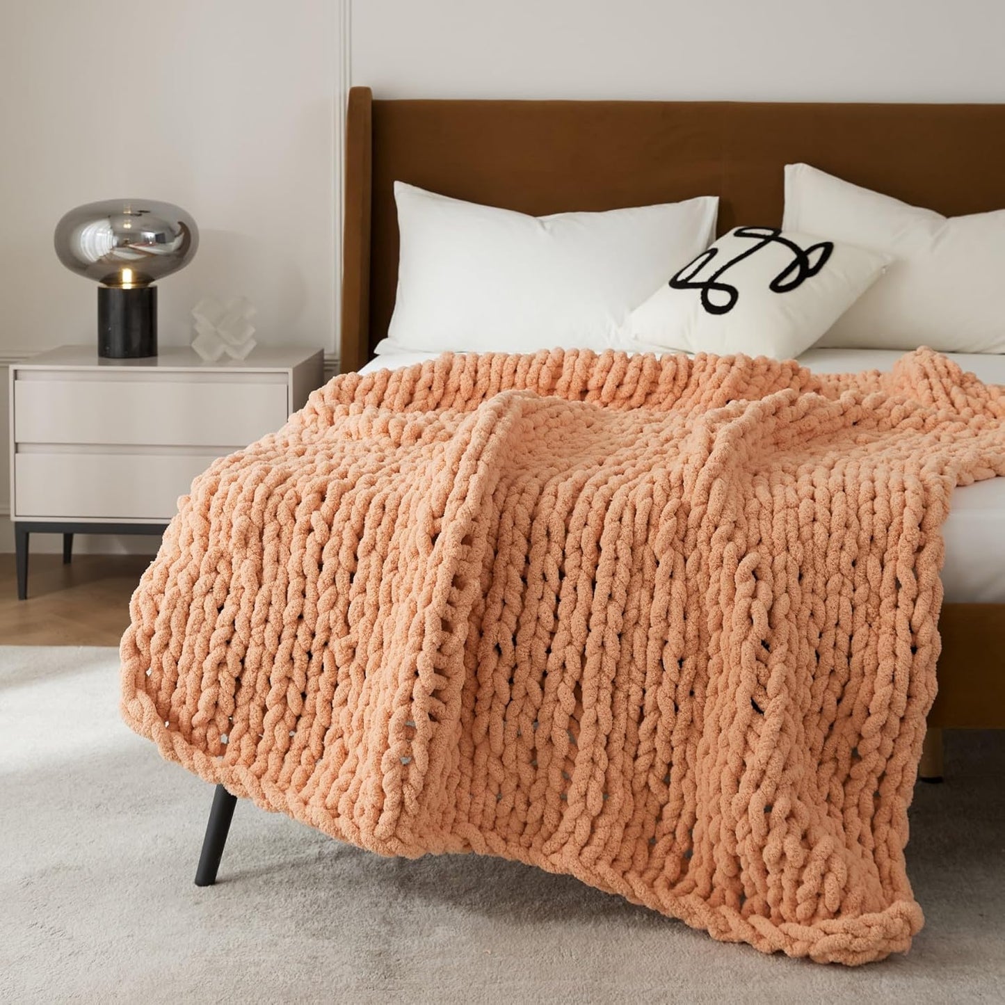 WESHIONGOO Chunky Knit Blanket Throw Knitted Throw Blankets for Couch Bed Fluffy Soft Blanket with Jumbo Chenille Yarn Thick 100% Handmade(Peach Fuzz, 50"×60")