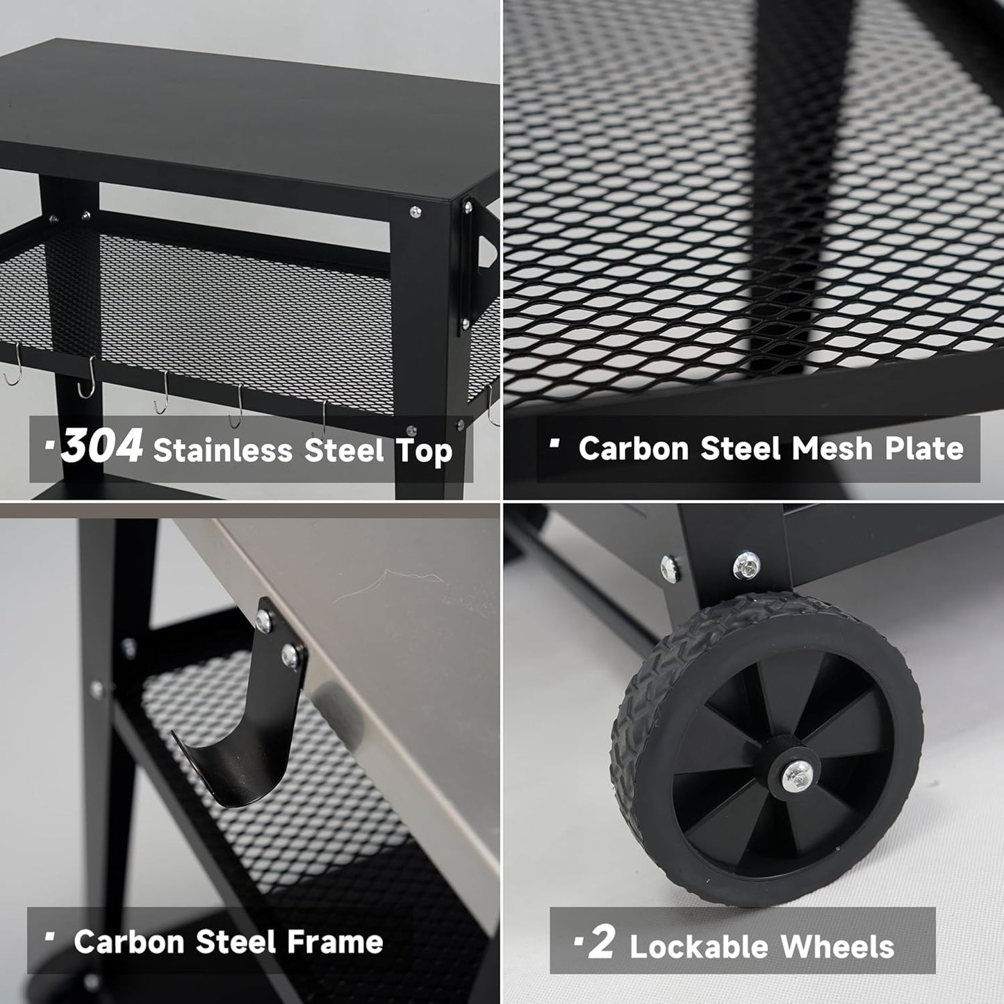 Black Outdoor Grill Cart with Wheels, Heavy-Duty 3-Tier BBQ Prep Table for Pizza Oven, Griddle, Patio – Rustproof Commercial Kitchen Cart with Tool Hooks