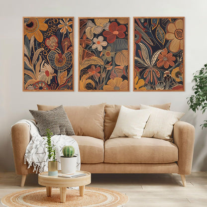 Aurlan Burnt Orange Wildflowers Botanical Wall Art Set(16"x24"), 3 Pieces Abstract Floral Blossom Framed Canvas Artwork, Large Mid Century Modern Boho Nature Wall Decor for Office Bedroom Living Room