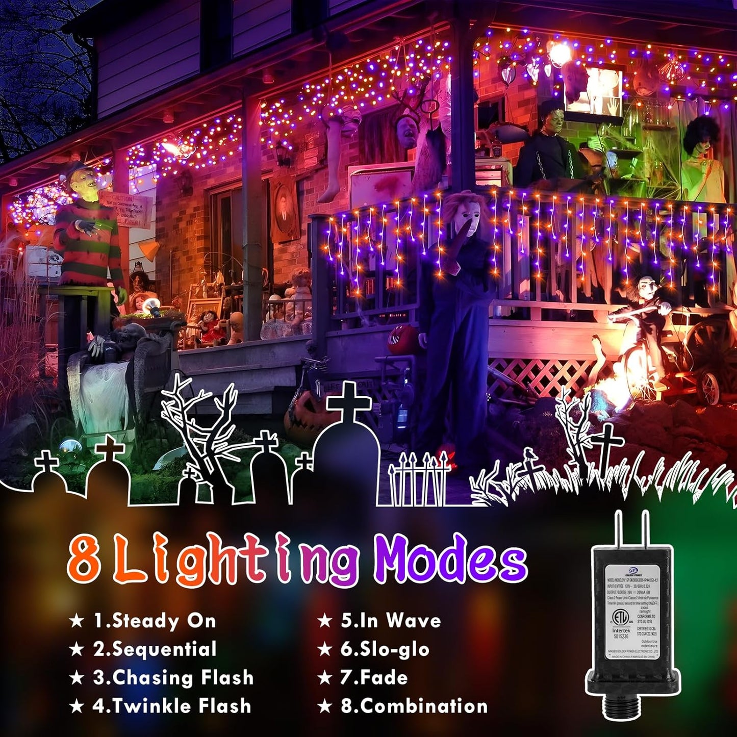 KNONEW 99FT 1216 LED Halloween Lights Decortation Orange Purple String Lights Outdoor with 228 Drops, 8 Lighting Modes, Timer Memory Function Hanging Curtain Lights for Halloween Party Decor