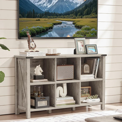 Farmhouse 6 Cube Bookshelf, Rustic Grey Oak Wooden Storage Organizer Book Shelf, 47 Inch Cubby Hallway Bookcase, Kids Toy Storage Cabinet, Modern Open Book Case for Living Room, Hallway