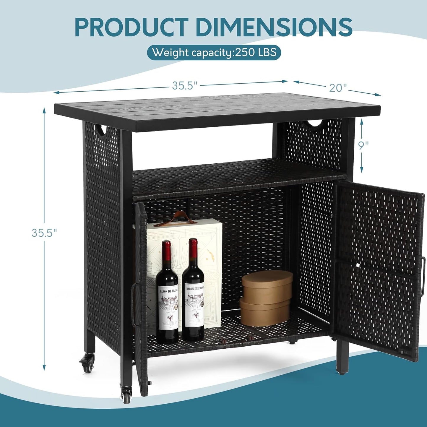 Outdoor Indoor Storage Cabinet with Rolling Wheels, Patio Serving Cart with Bar Table and Wicker Cabinet, Kitchen Island Prep Table, Black