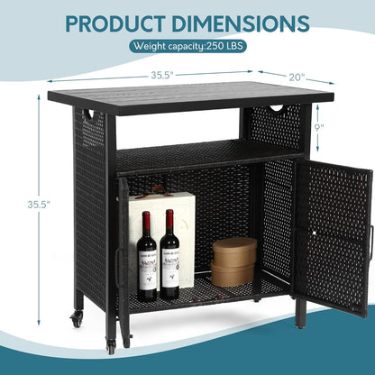 Outdoor Indoor Storage Cabinet with Rolling Wheels, Patio Serving Cart with Bar Table and Wicker Cabinet, Kitchen Island Prep Table, Black