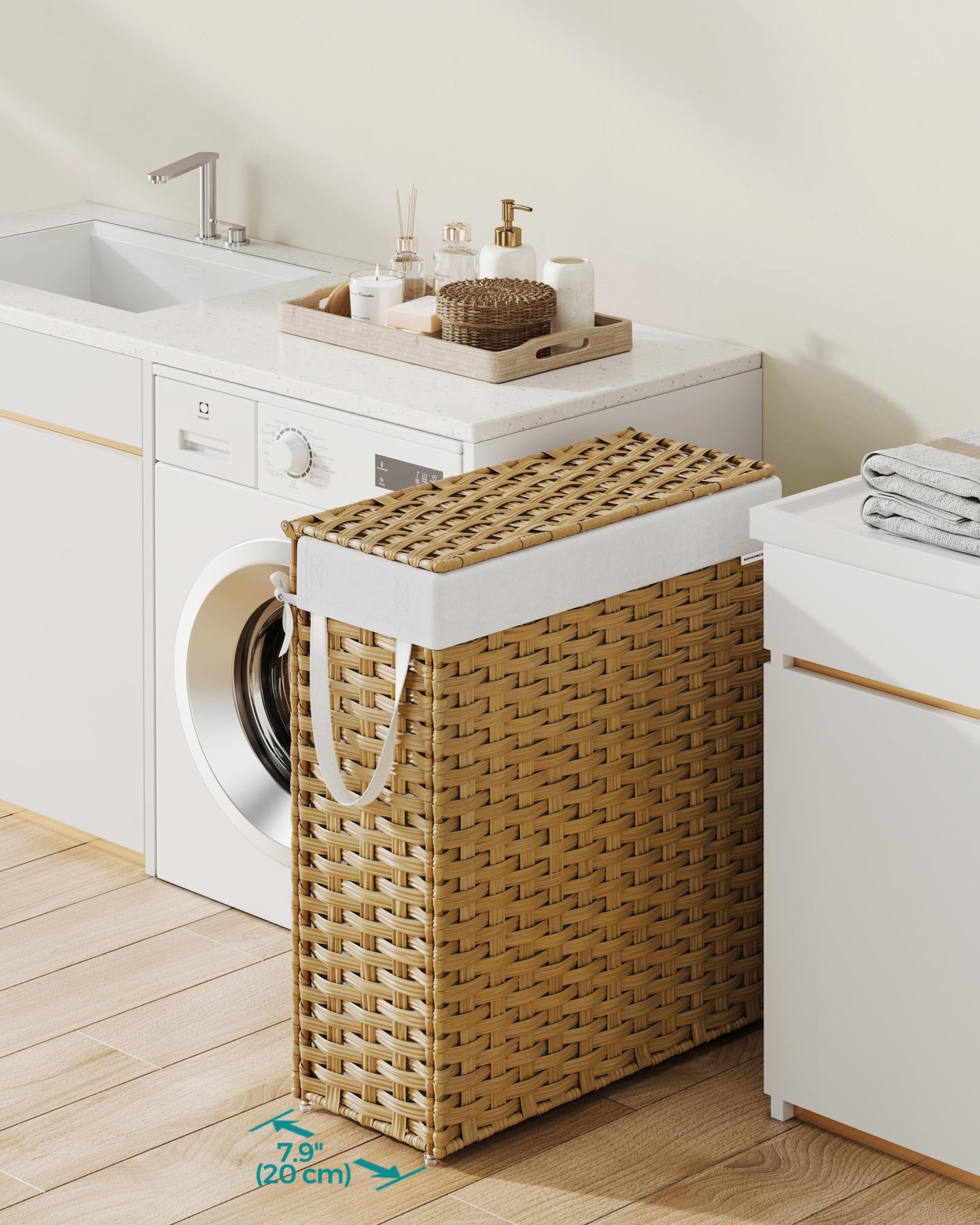 SONGMICS Slim Laundry Hamper with Lid, 14.5 Gallon (55L) Rattan Clothes Laundry Basket with Lid and