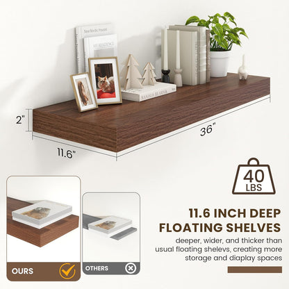 Deep Floating Shelves for Wall | 36 Inch Wide x 12 Inch Deep Floating Shelves | 36W x 12D Rustic Walnut Wide Wall Shelves | Bookshelf Laundry Shelf TV Shelf