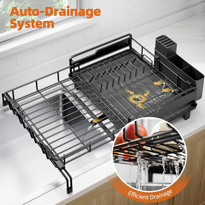Extendable Dish Drying Rack, Multifunction Dish Rack for Kitchen Counter, Expandable Dish Drainer Over Sink, Large Dish Strainer with Cups Holder, 1 Tier Black