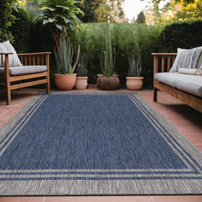 Bordered Outdoor Rug 9x12 Washable Outside Carpet for Indoor Patio Porch Waterproof Easy Cleaning Non Shedding Area Rugs Navy 9 x 12