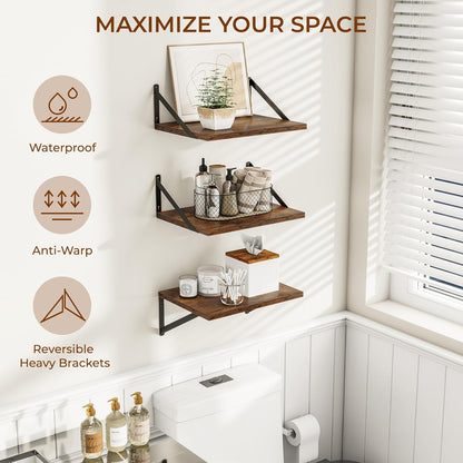 Heimlove Deep Floating Shelves for Wall, 12 Inch Deep Floating Shelves Set of 3, 16W x 12D Wood Wall Shelves, Wide Shelves with Metal Bracket for Living Room, Kitchen, Office, Bedroom - Rustic Brown