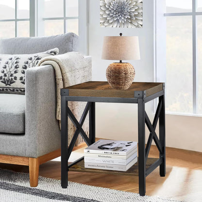 End Table Large Side Table for Living Room, Rustic Farmhouse End Tables with 2-Tier Storage, Square Nightstand Bedside Table X-Design Metal Frame, Brown (Wind, Brown)