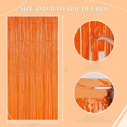 3 Pack Foil Fringe Backdrop - Orange Shiny Tinsel Curtains for Party Decoration/Photo Booth Props - 3.3x8.2 FT Metallic Foil Backdrop for Birthday, Wedding, Graduation, Christmas.