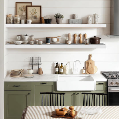 36"x6.8"x1.2" Solid Wood Floating Shelves 2-Pack - Rustic White Finish with Hidden Brackets, Perfect for Storage and Décor in Living Room, Kitchen, Bedroom