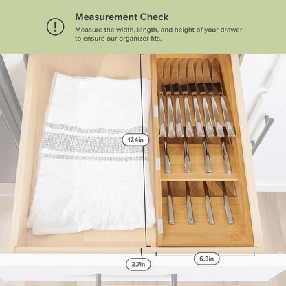 Premium Cutlery, Flatware, and Silverware Drawer Organizer – Slanted 3-Compartment Design with Labeled Slots, Non-Slip Feet, 100% Sustainable Bamboo