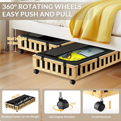 2 Pack Bamboo Under Bed Storage with Wheels, 39”x20”x7.8” Lager Under Bed Storage Containers (Natural)