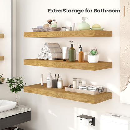 Heimlove 12" Deep Floating Shelves, 36 x 12 Inch Wall Mounted Long Floating Shelf with Invisible Brackets, for Home Decor, Bedroom, Kitchen, Living Room, Bathroom - 2 Pack, Oak
