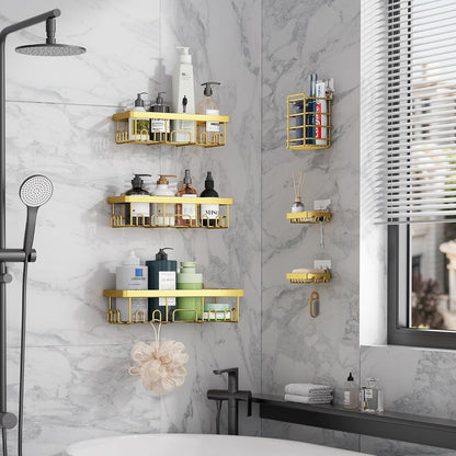 Veken Adhesive Shower Caddy 6-Pack,Gifts for Women Mom,Heavy Weight Bearing,Large Wall Mounted Bathroom Shelves Rack,Organizer Storage Accessories with Soap Dish&Toothbrush Holder,Bright Gold
