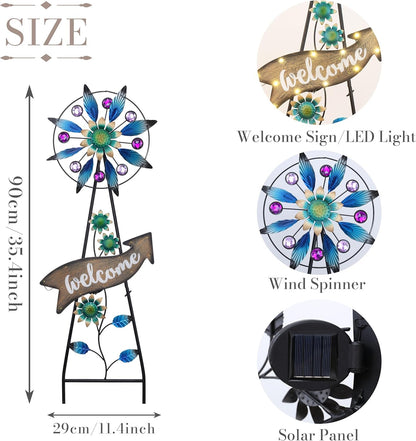 TERESA'S COLLECTIONS Peacock Garden Solar Stake, Wind Spinner Yard Art Sign for Outdoor Decor, Metal Purple Floral Windmill Decorative Garden Stake for Lawn Ornaments, Gifts for Mom, 37''