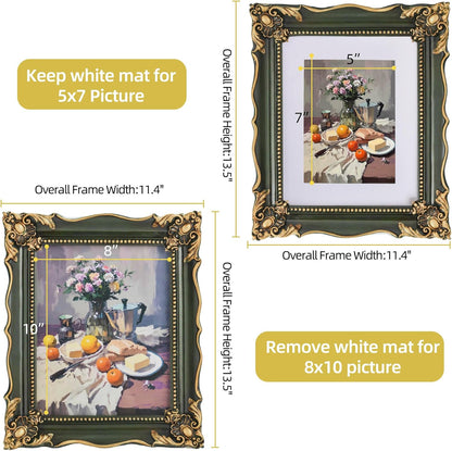 8x10 Vintage Picture Frame with Embossed Flower Design, Green Ornate Frame for 8x10 or 5x7 Pictures with White Mat, Hand-Crafted Resin Antique Frames for Tabletop & Wall Hanging, Home Decor (Green )