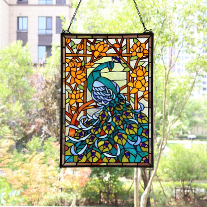 Bieye W10011 Peacock Tiffany Style Stained Glass Window Panel Hangings with Chain, 15" W x 23" H