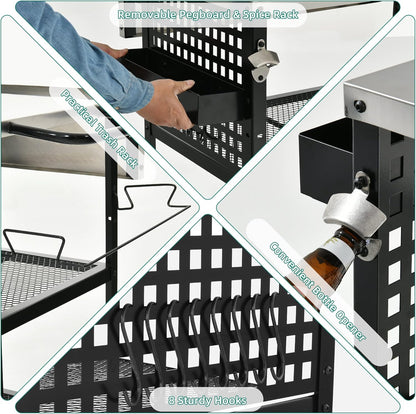 YITAHOME Outdoor Grill Cart Pizza Oven Table with Stainless Steel Top and Drop Leaf, Outdoor Grill Table with Adjustable Three-Tier Shelf and Spice Rack, Movable Bar Table for Patio, Garden, BBQ