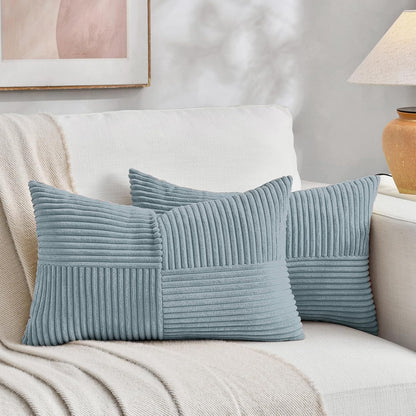 Fancy Homi Set of 2 Light Blue Long Lumbar Decorative Throw Pillow Covers 12x24 Inch for Couch Bed Sofa, Rustic Farmhouse Boho Home Decor, Soft Striped Corduroy Rectangle Accent Cushion Case 30x60 cm